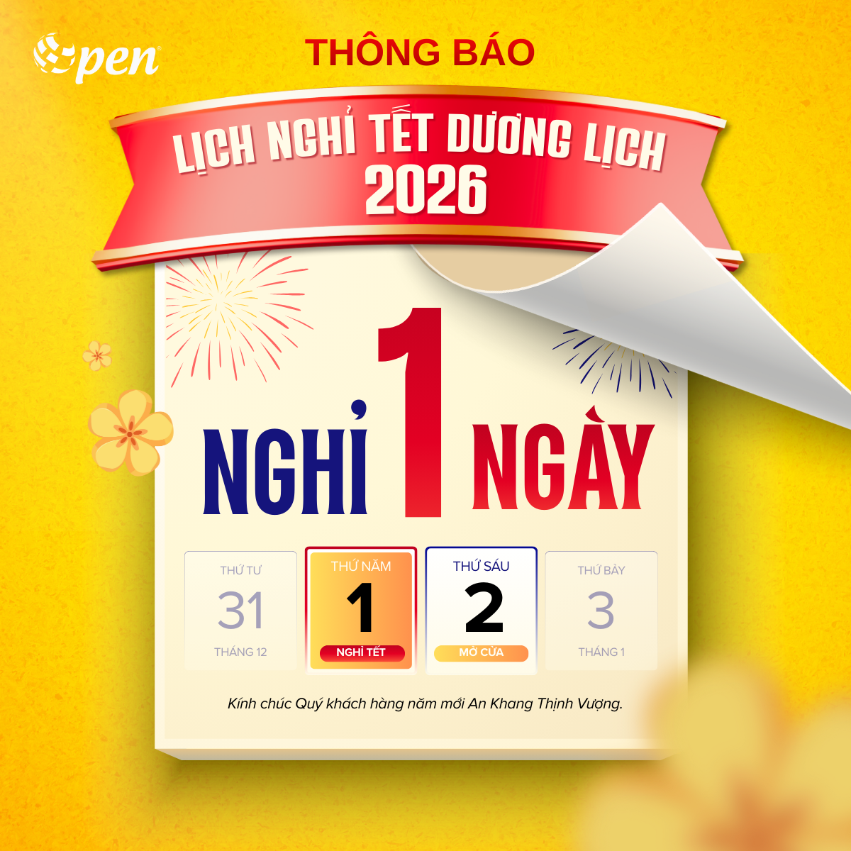 Thông báo lịch nghỉ Tết Dương lịch 2026